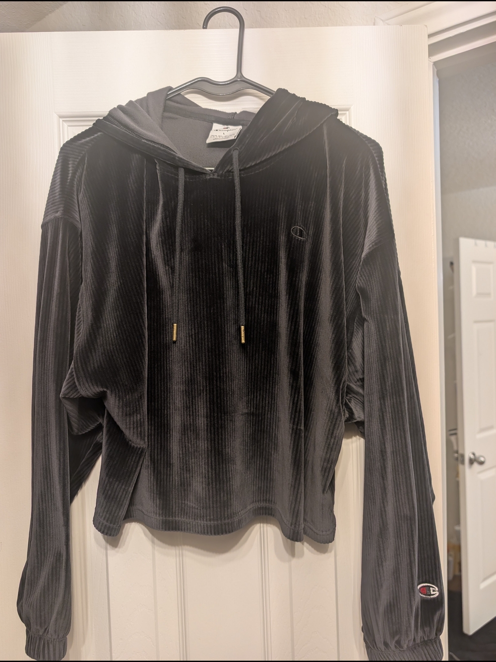 Champion Black Velvet Ribbed Hooded Sweatshirt